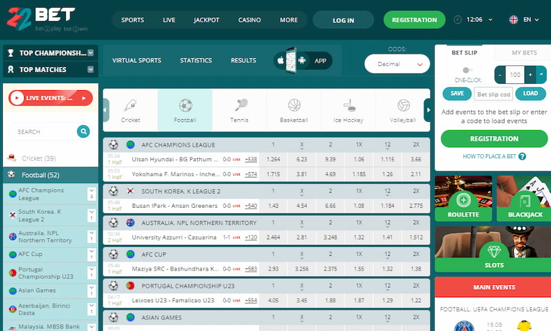 22bet football betting markets