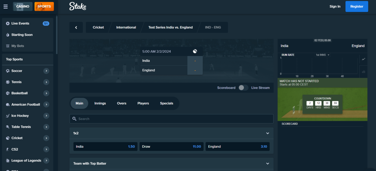 stake cricket betting interface